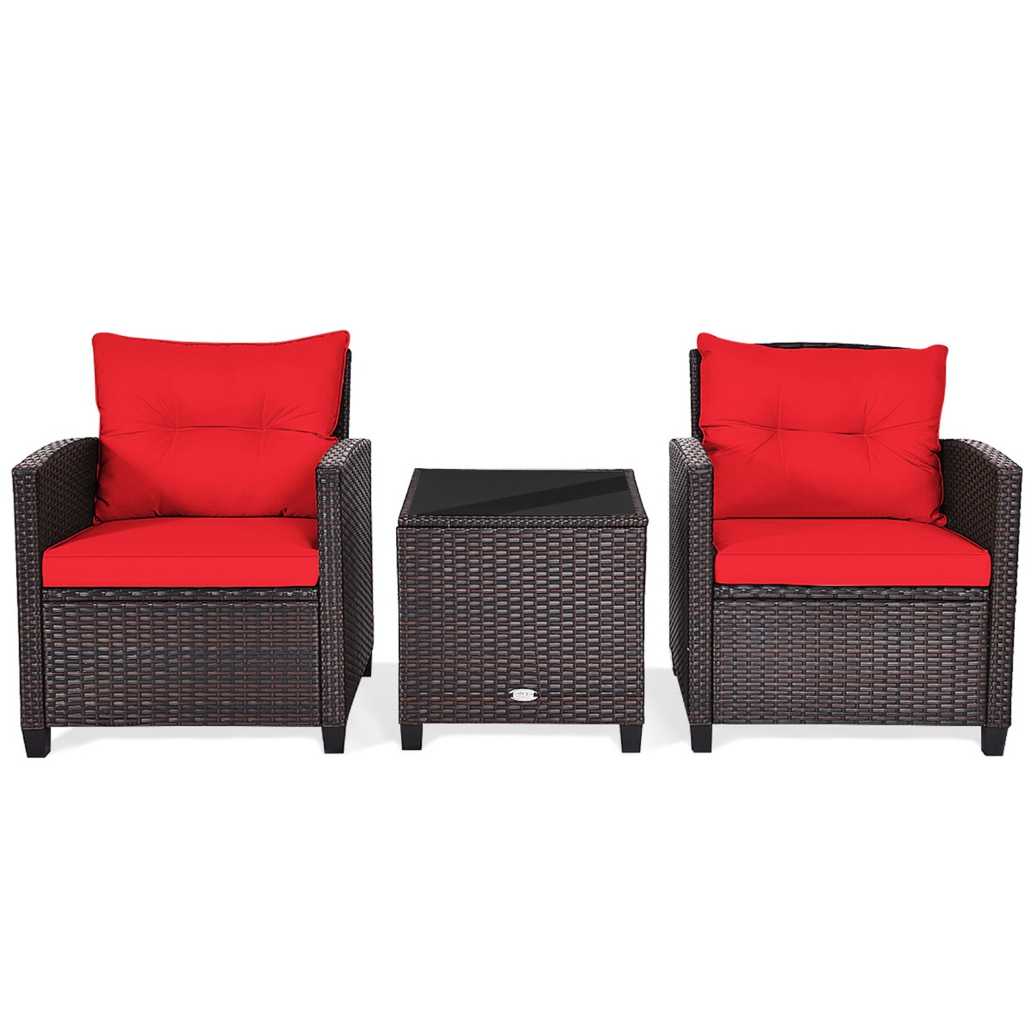 Gymax 3PCS Outdoor Patio Rattan Conversation Set w/ Coffee Table Red Cushion