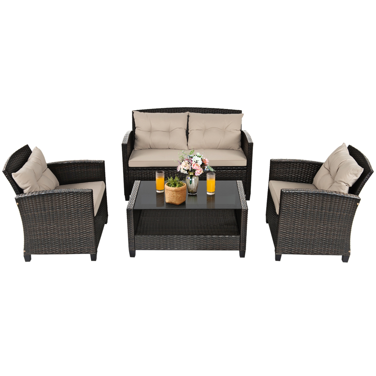 Gymax 4pcs Patio Rattan Conversation Set Cushioned Outdoor Furniture Set