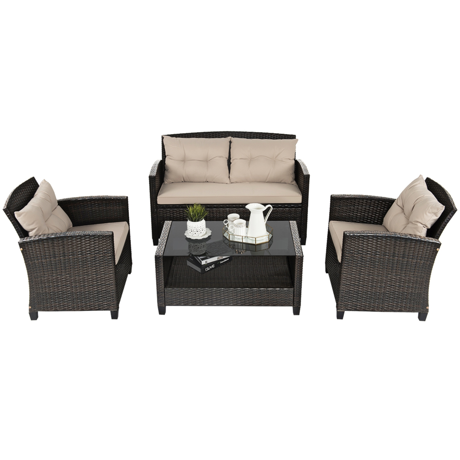 Gymax 4pcs Patio Rattan Conversation Set Cushioned Outdoor Furniture Set