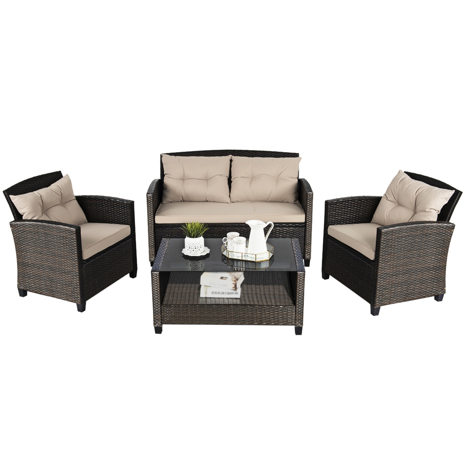 Gymax 4pcs Patio Rattan Conversation Set Cushioned Outdoor Furniture Set