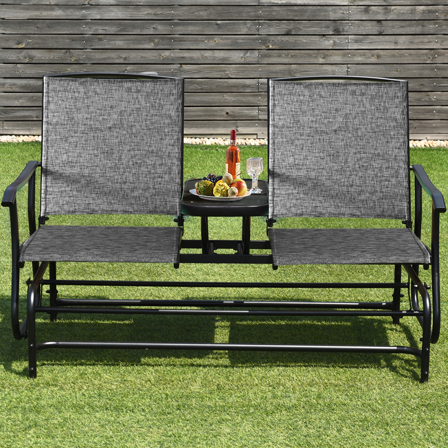 Gymax Patio 2-Person Glider Rocking Char Loveseat Garden w/ Tempered Glass Table Grey