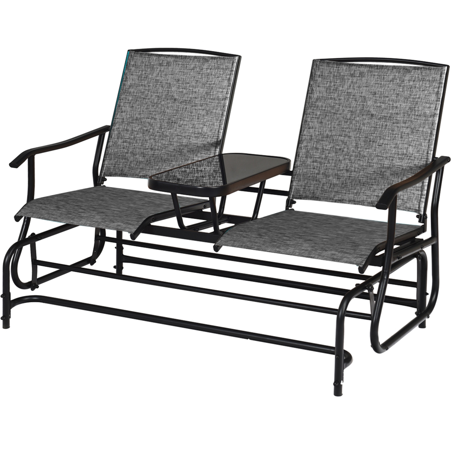 Gymax Patio 2-Person Glider Rocking Char Loveseat Garden w/ Tempered Glass Table Grey