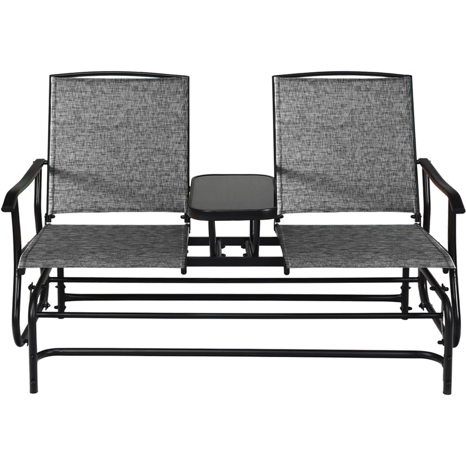 Gymax Patio 2-Person Glider Rocking Char Loveseat Garden w/ Tempered Glass Table Grey