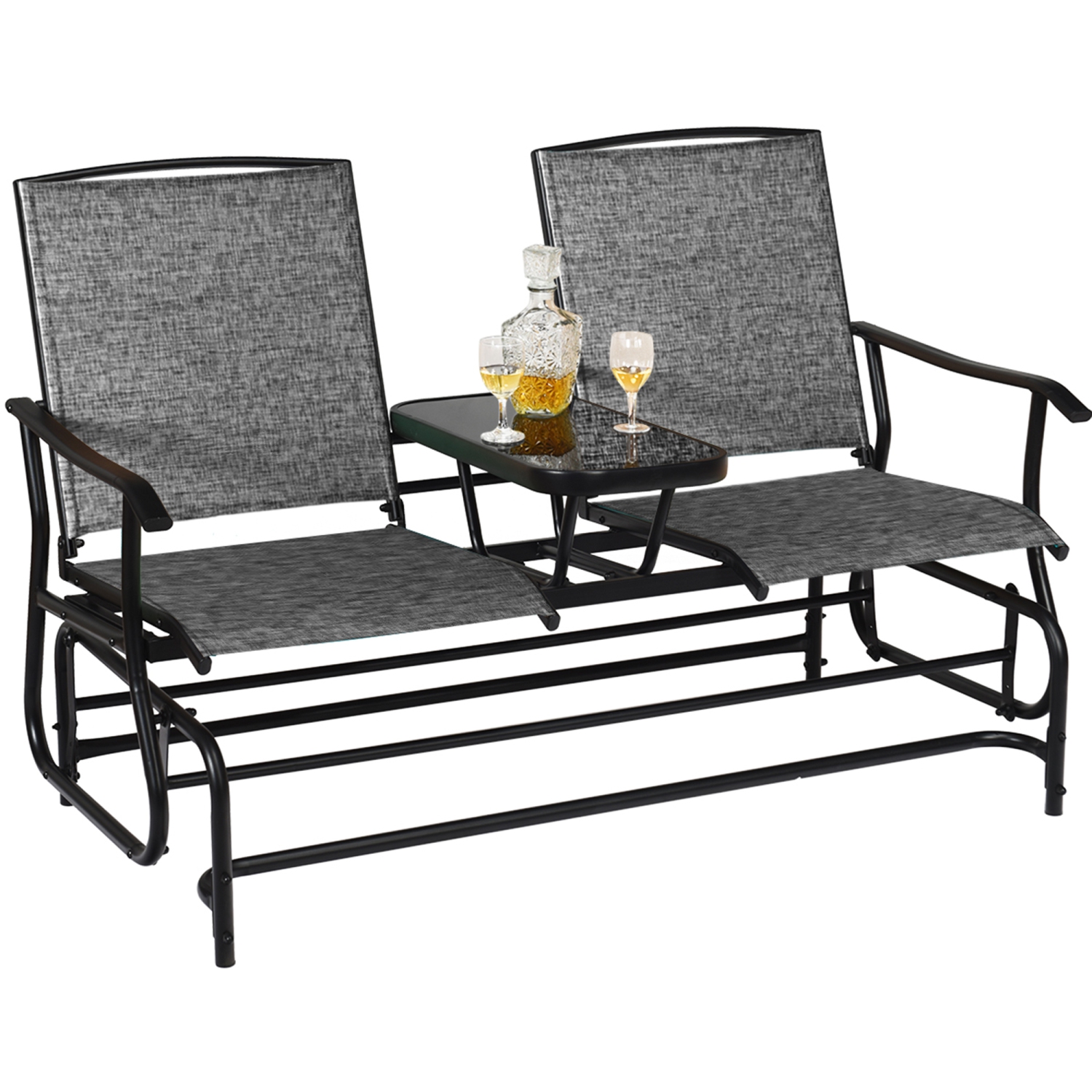 Gymax Patio 2-Person Glider Rocking Char Loveseat Garden w/ Tempered Glass Table Grey
