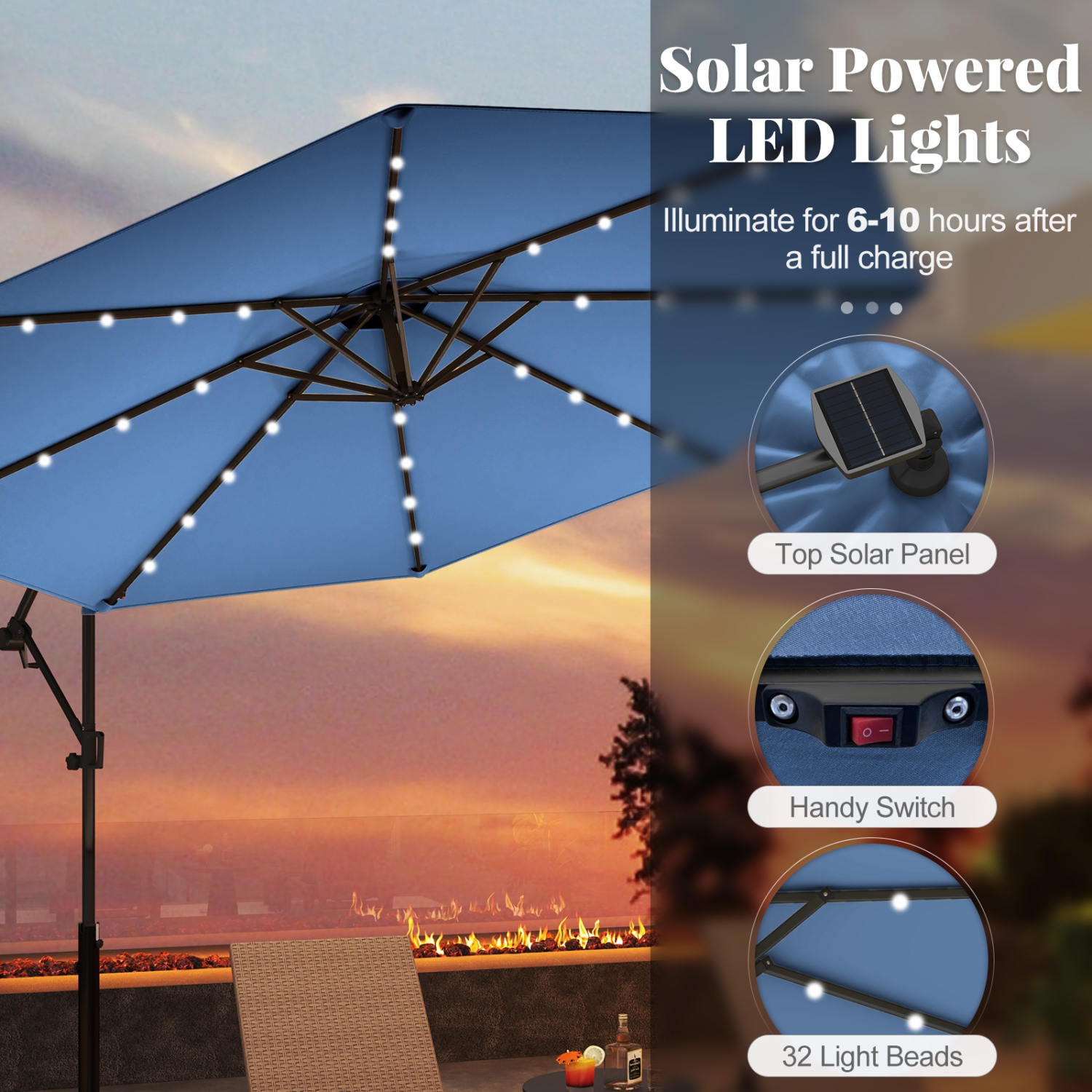 Gymax 10Ft Offset Hanging Umbrella Patio Outdoor w/ 32 Solar LED Lights