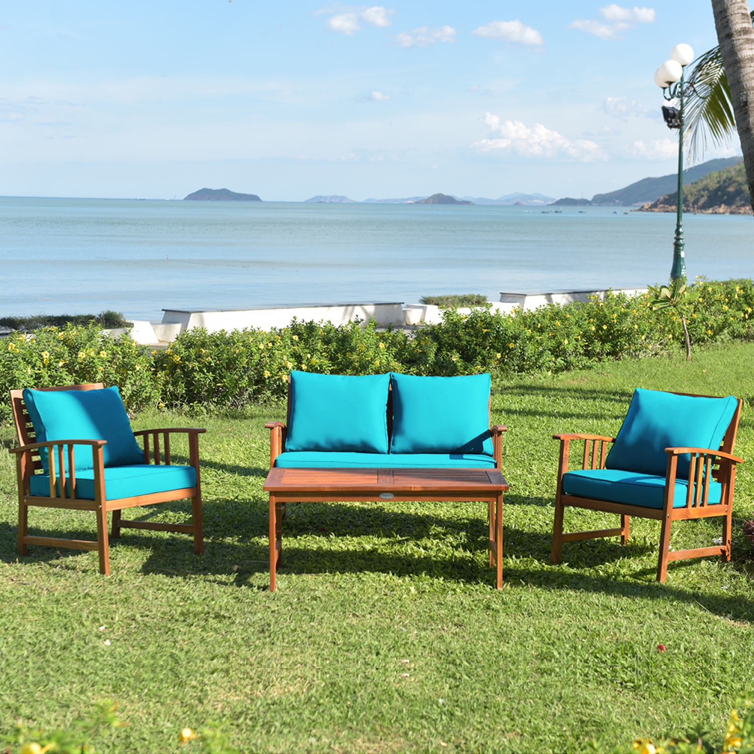 Gymax 8pcs Wooden Patio Furniture Set Table & Sectional Sofa w/ Turquoise Cushion