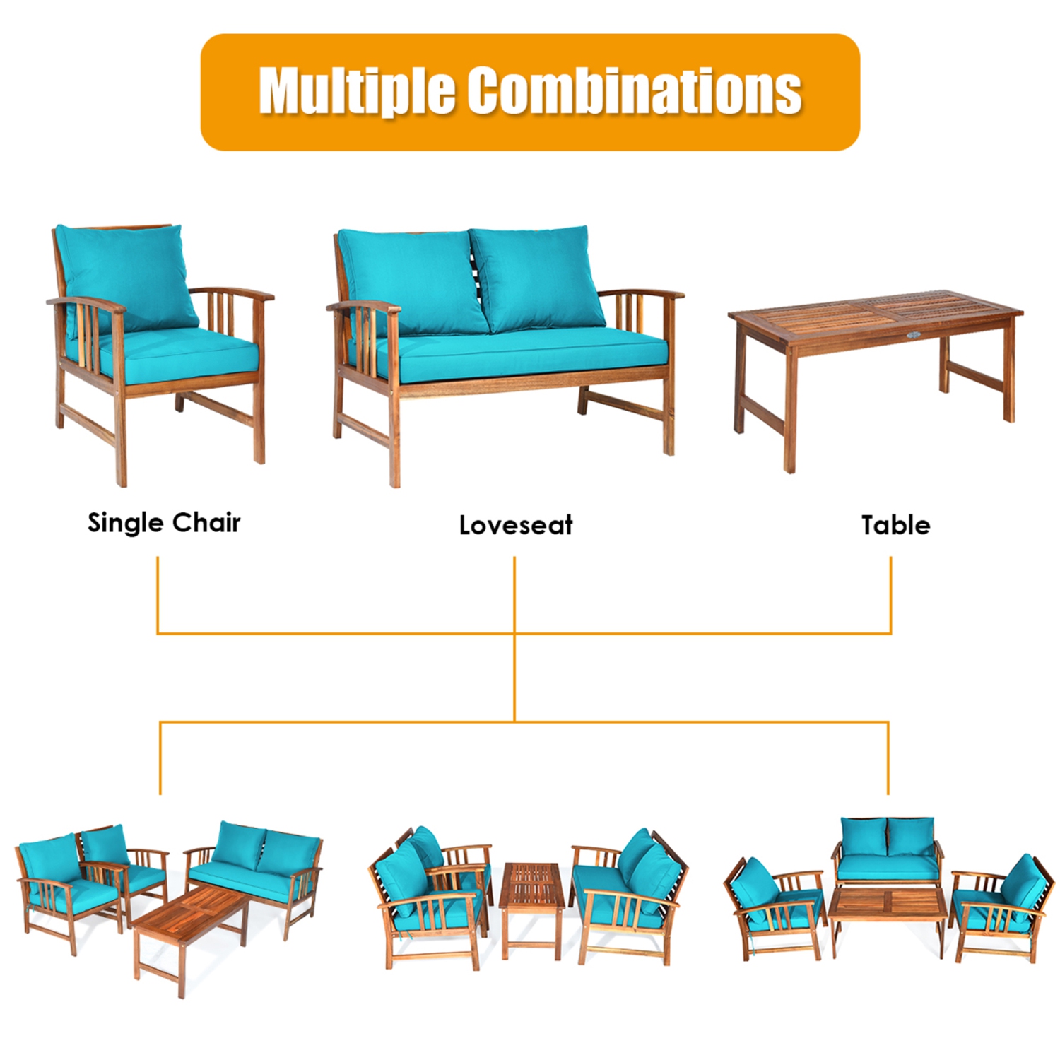 Gymax 8pcs Wooden Patio Furniture Set Table & Sectional Sofa w/ Turquoise Cushion