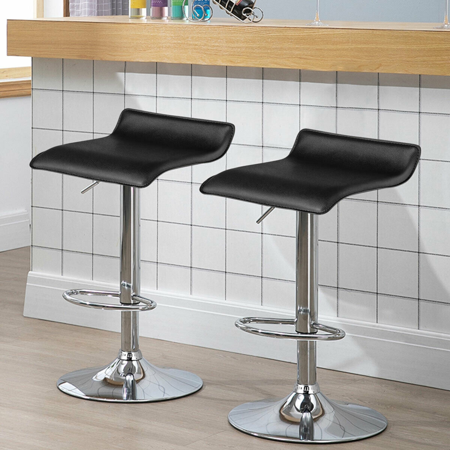 Lot de 2 tabourets de bar pivotants de Marque Gymax en cuir plastifié PU réglables pour cuisine comptoir chaises de bar noires