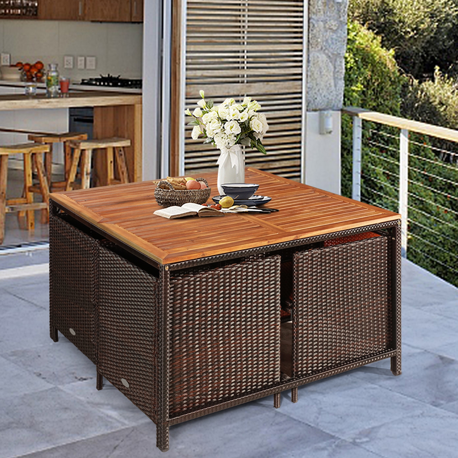 Gymax Ensemble de 9 pièces de Mobilier pour Salle à Manger d’Extérieur avec Coussins