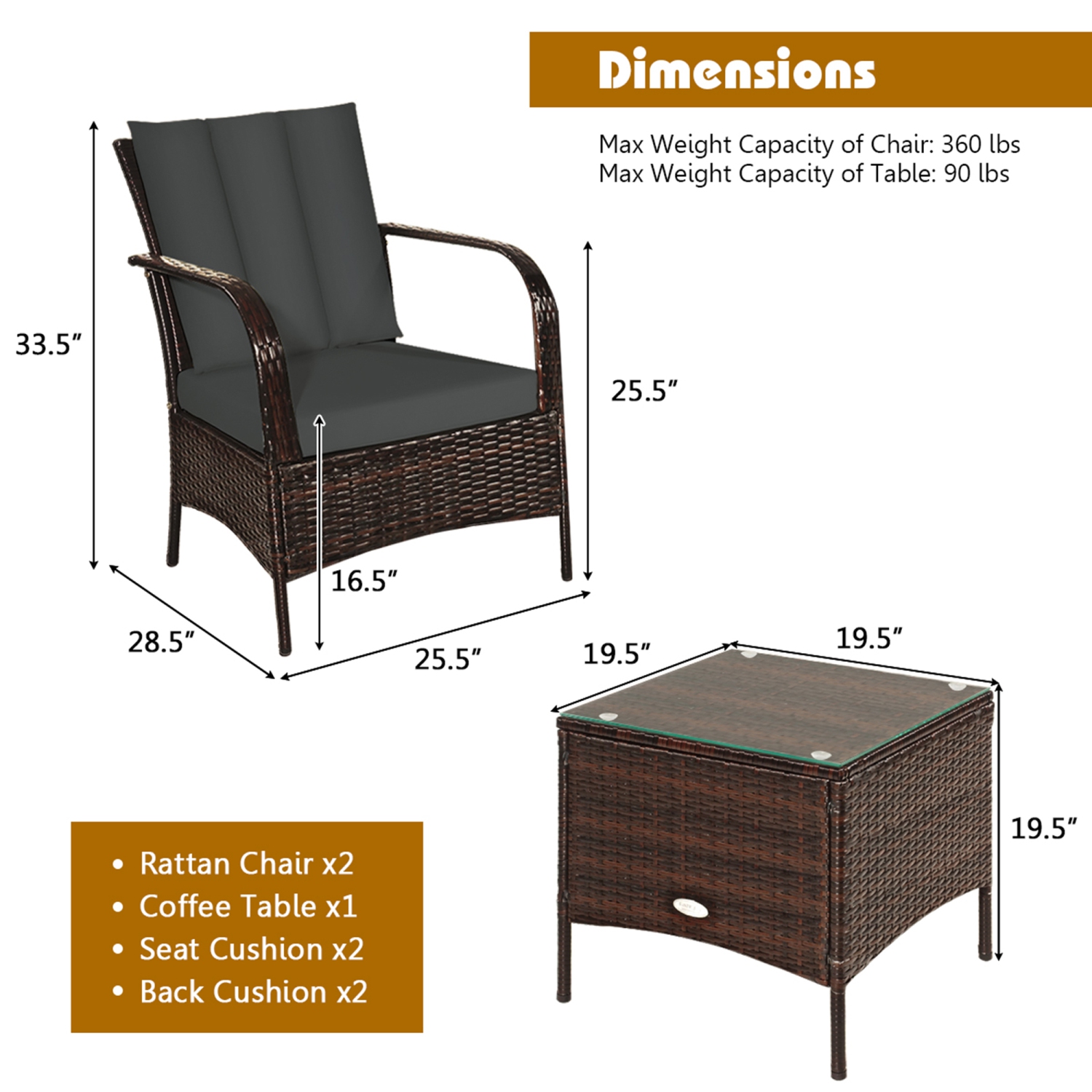 3PCS Ensemble de fauteuil et table basse en rotin pour patio Ensemble de mobilier d'extérieur avec coussins Gymax