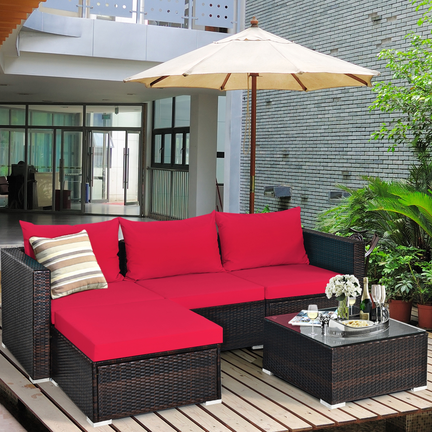 Gymax 5PCS Cushioned Rattan Patio Conversation Set w/ Ottoman Red Cushion