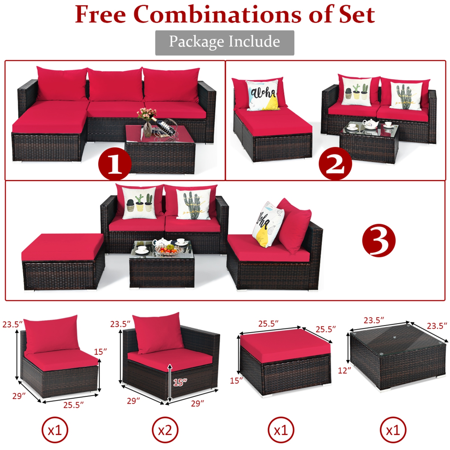 Gymax 5PCS Cushioned Rattan Patio Conversation Set w/ Ottoman Red Cushion