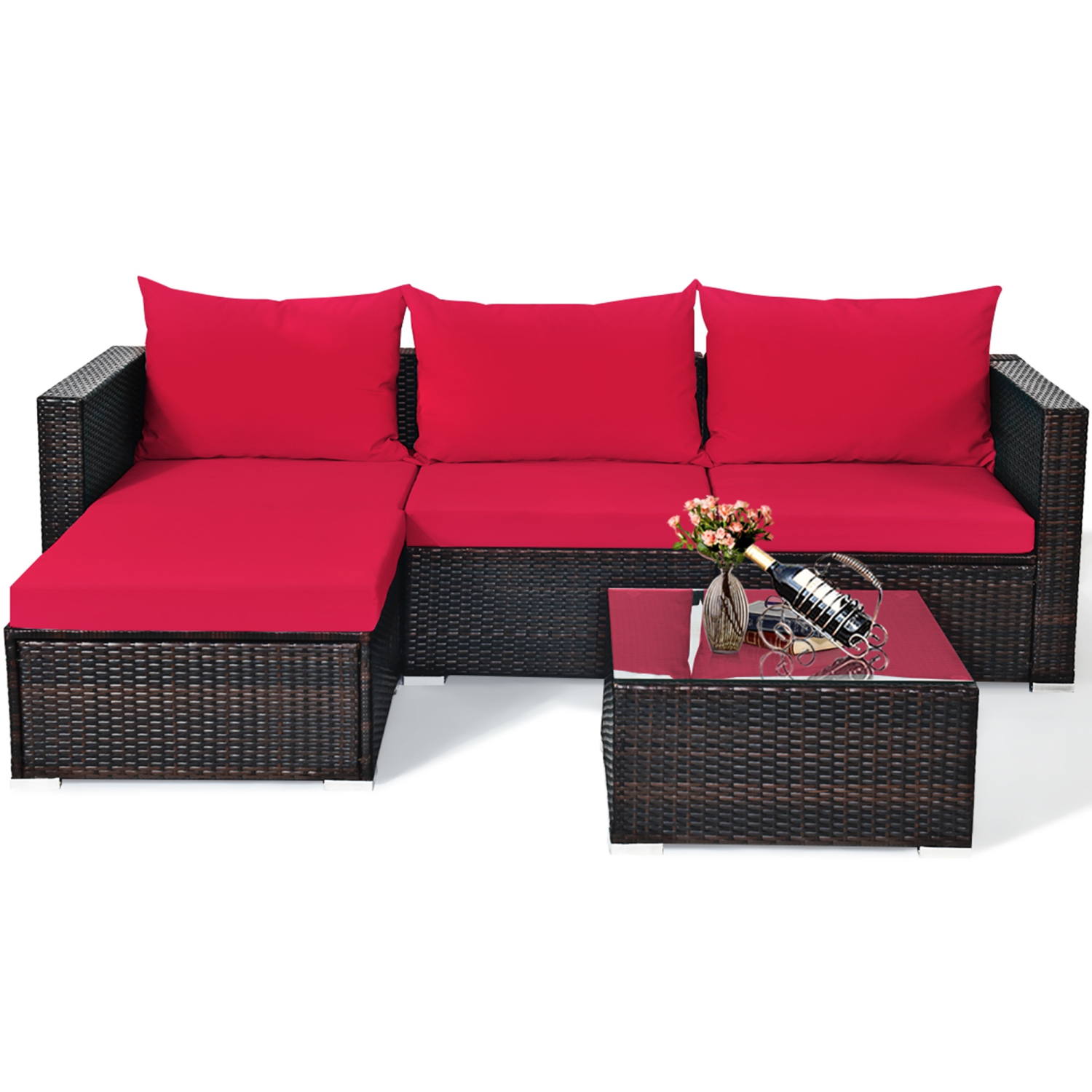 Gymax 5PCS Cushioned Rattan Patio Conversation Set w/ Ottoman Red Cushion