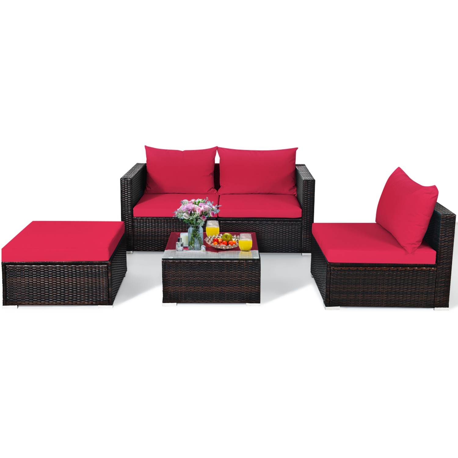 Gymax 5PCS Cushioned Rattan Patio Conversation Set w/ Ottoman Red Cushion
