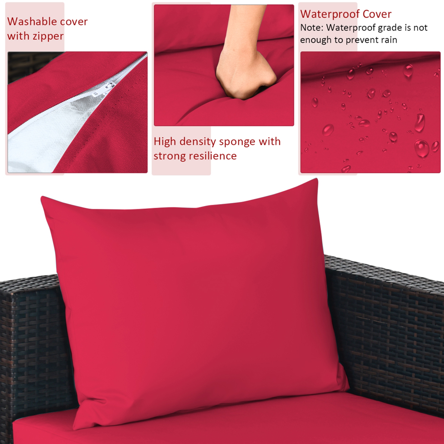 Gymax 5PCS Cushioned Rattan Patio Conversation Set w/ Ottoman Red Cushion