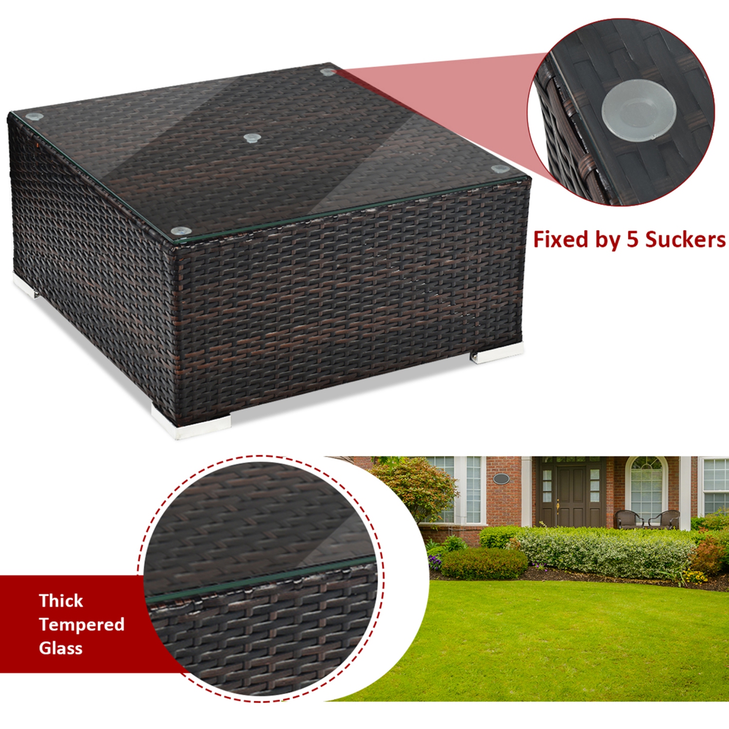 Gymax 5PCS Cushioned Rattan Patio Conversation Set w/ Ottoman Red Cushion