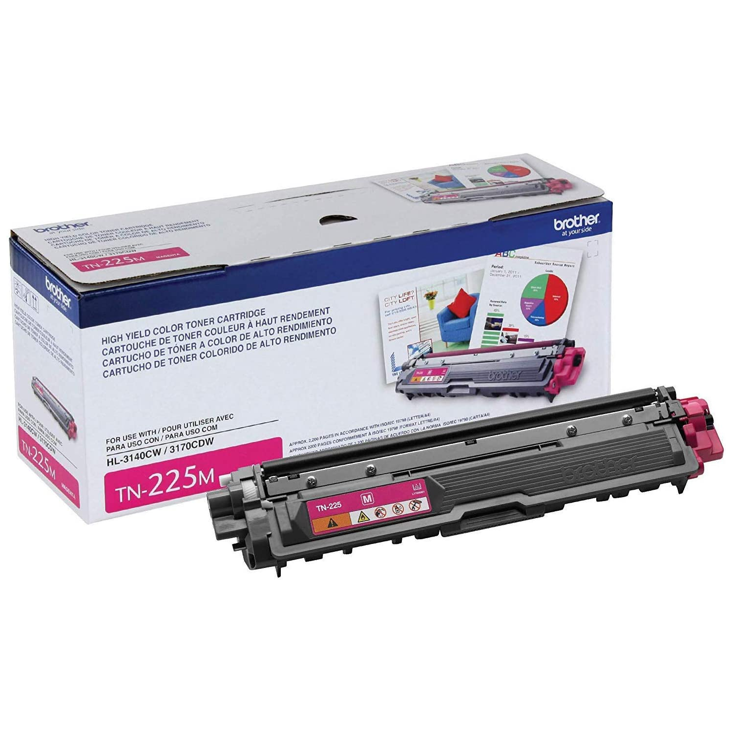 Brother TN225M, cartouche d'encre en poudre magenta originale à haut rendement, pour HL3140, HL3180, MFC9130, MFC9340