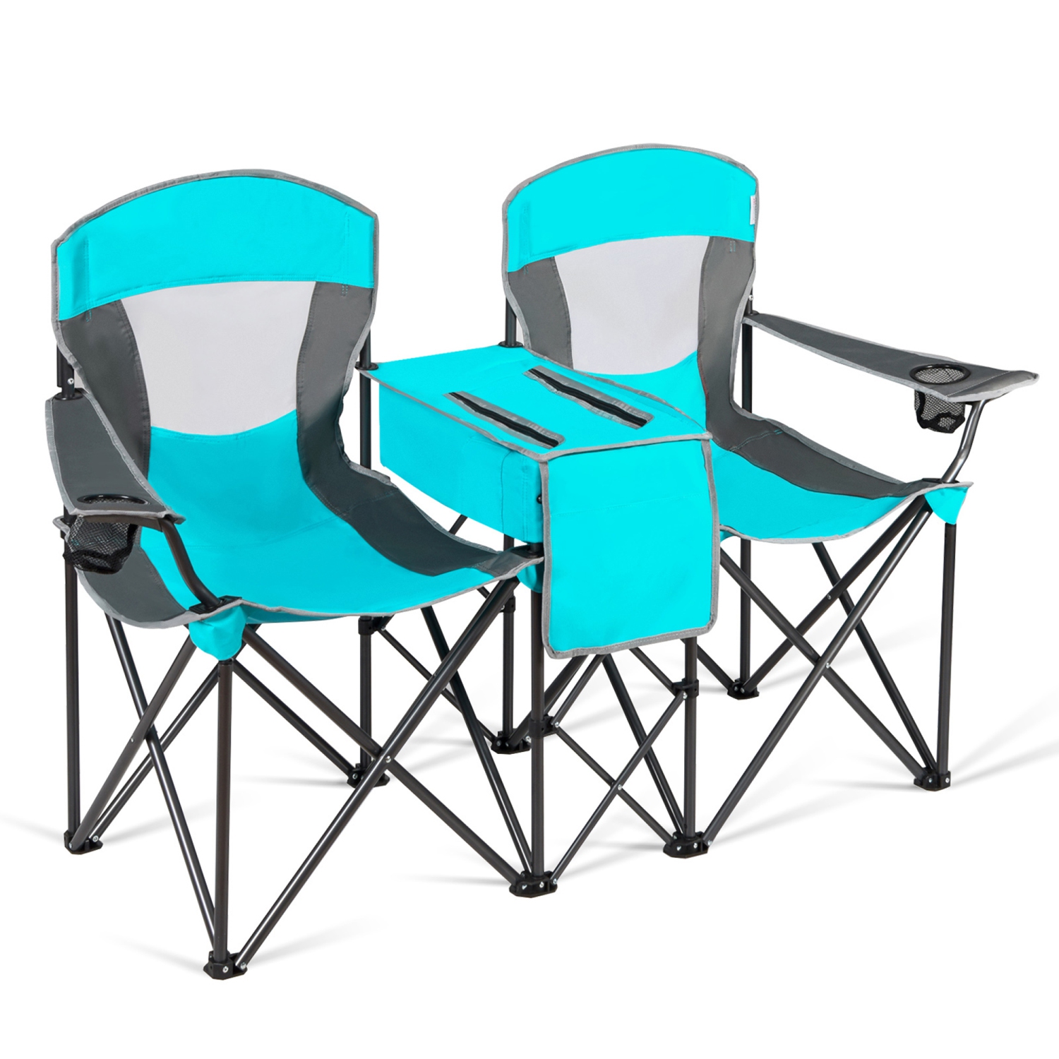Gymax Folding 2-person Camping Chairs Double Sunshade Chairs w/ Canopy Blue/Turquoise/Red