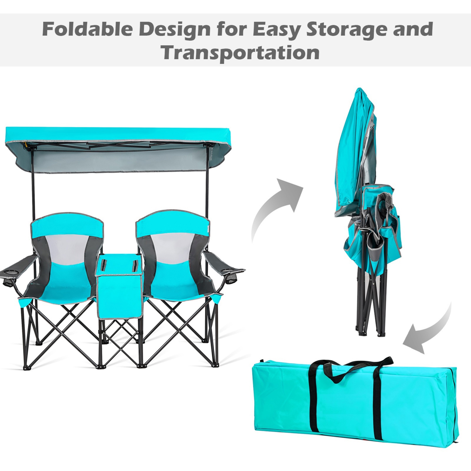 Gymax Folding 2-person Camping Chairs Double Sunshade Chairs w/ Canopy Blue/Turquoise/Red