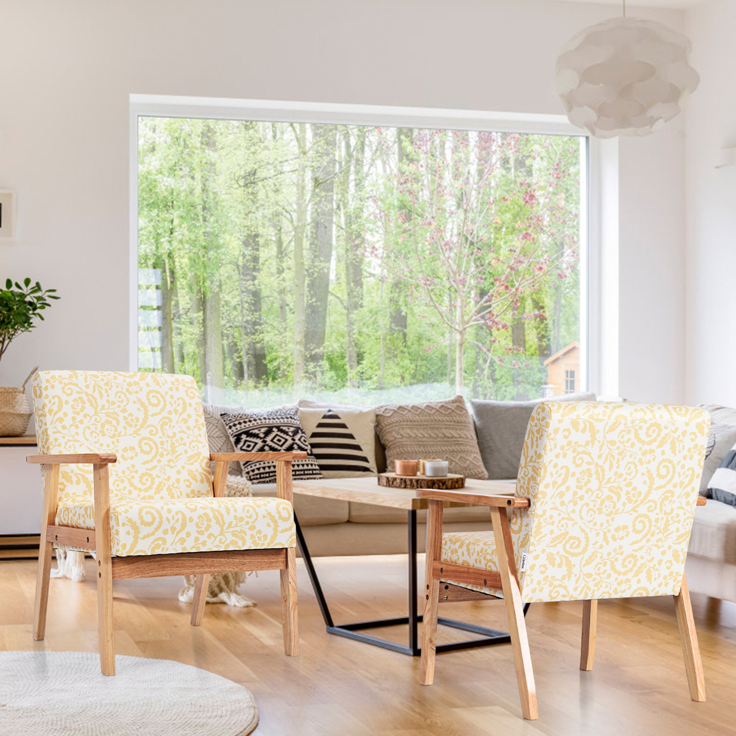 Gymax 2PCS Accent Armchair Upholstered Chair Home Office w/ Wooden Frame White/Blue/Yellow