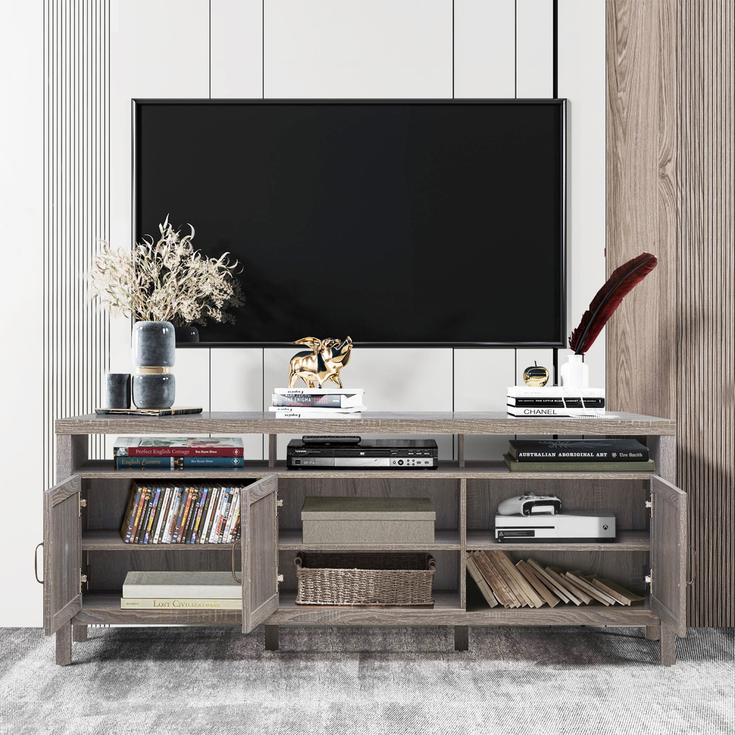 Gymax TV Stand Entertainment Media Center for TV's up to 65'' w/ Rattan Doors