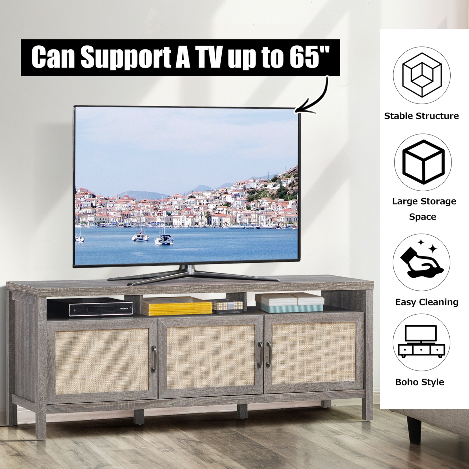 Gymax TV Stand Entertainment Media Center for TV's up to 65'' w/ Rattan Doors