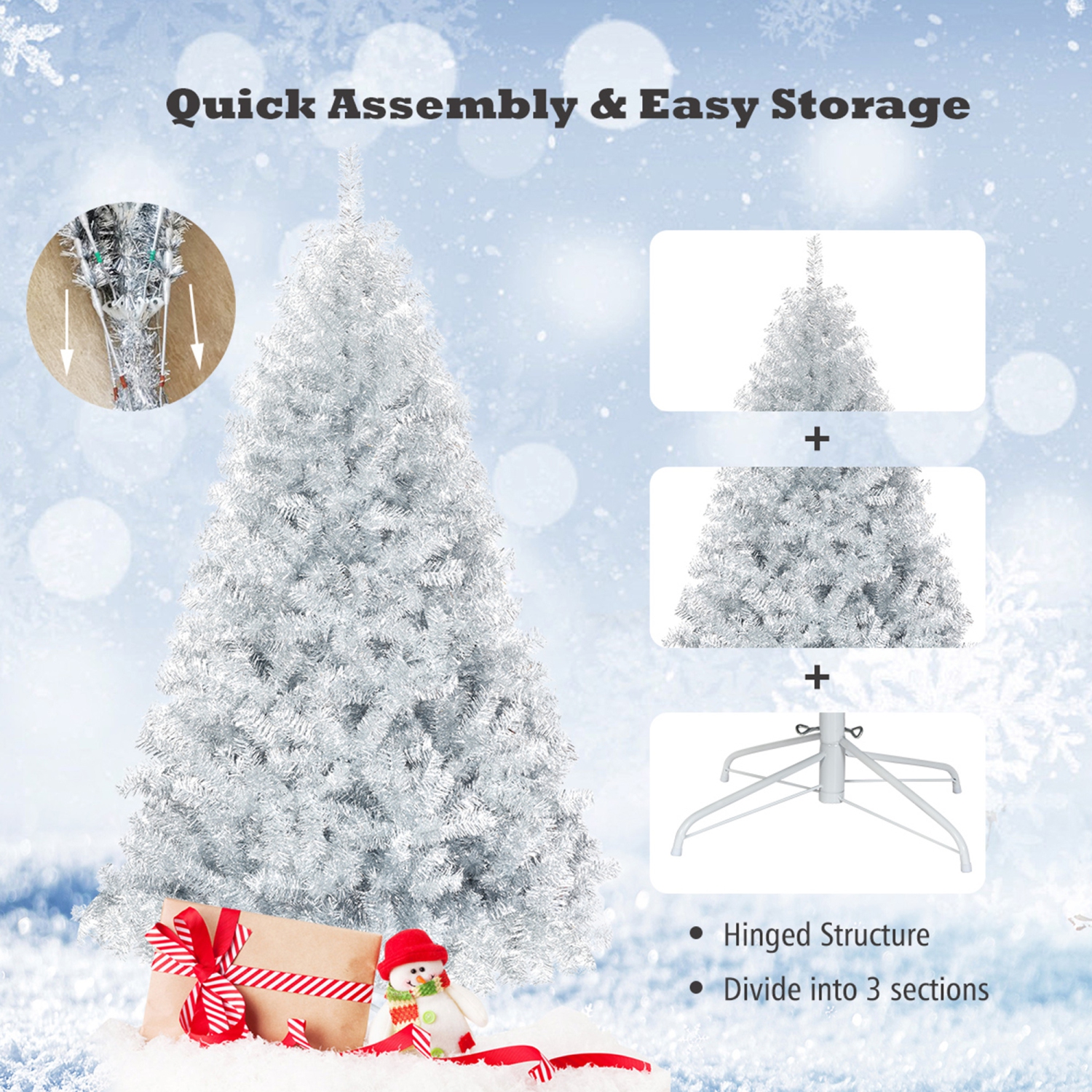Gymax 6 FT Silver Tinsel Christmas Tree Artificial Hinged Tree Holiday Decoration