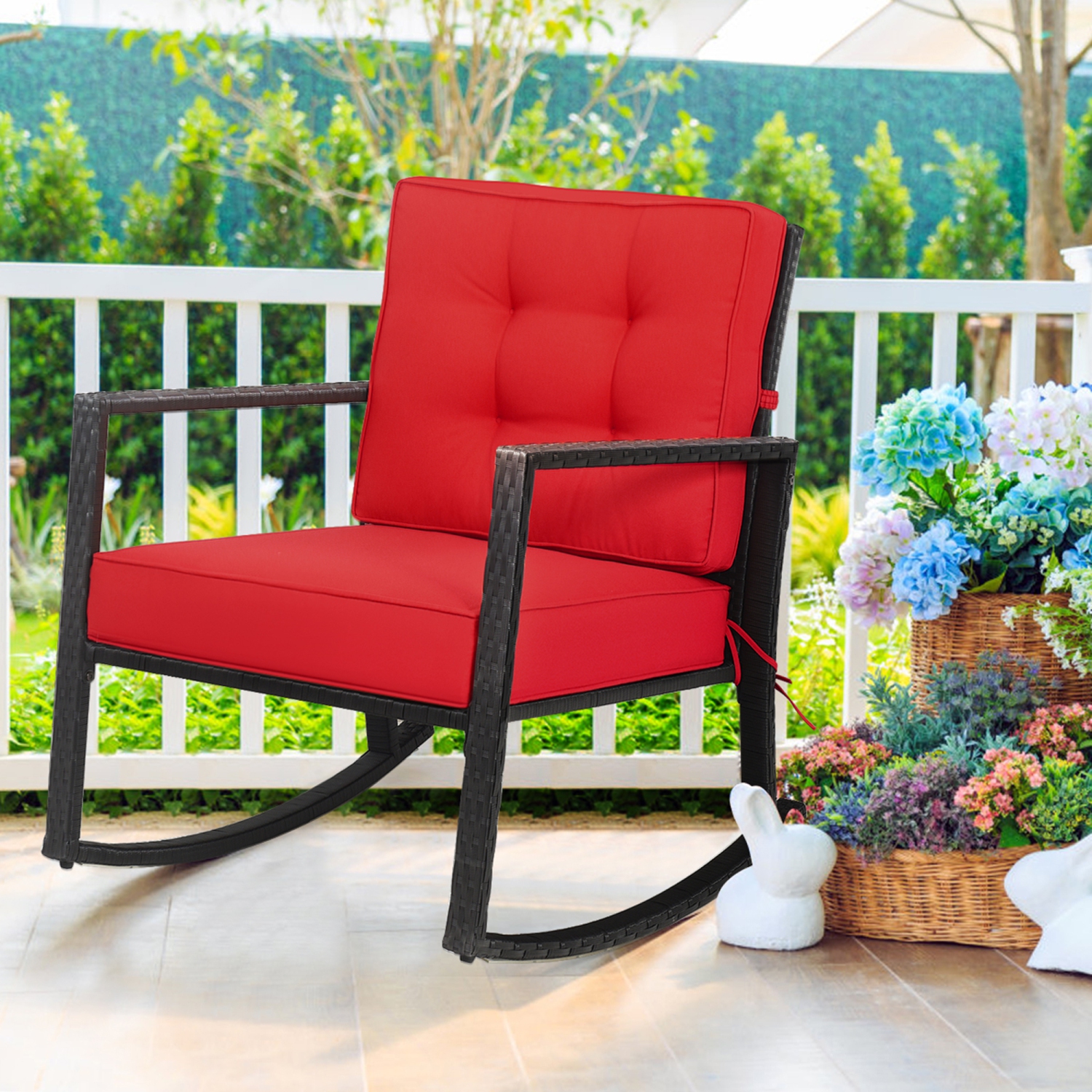 Gymax Outdoor Wicker Rocking Chair Patio Lawn Rattan Single Chair Glider w/ Red Cushion