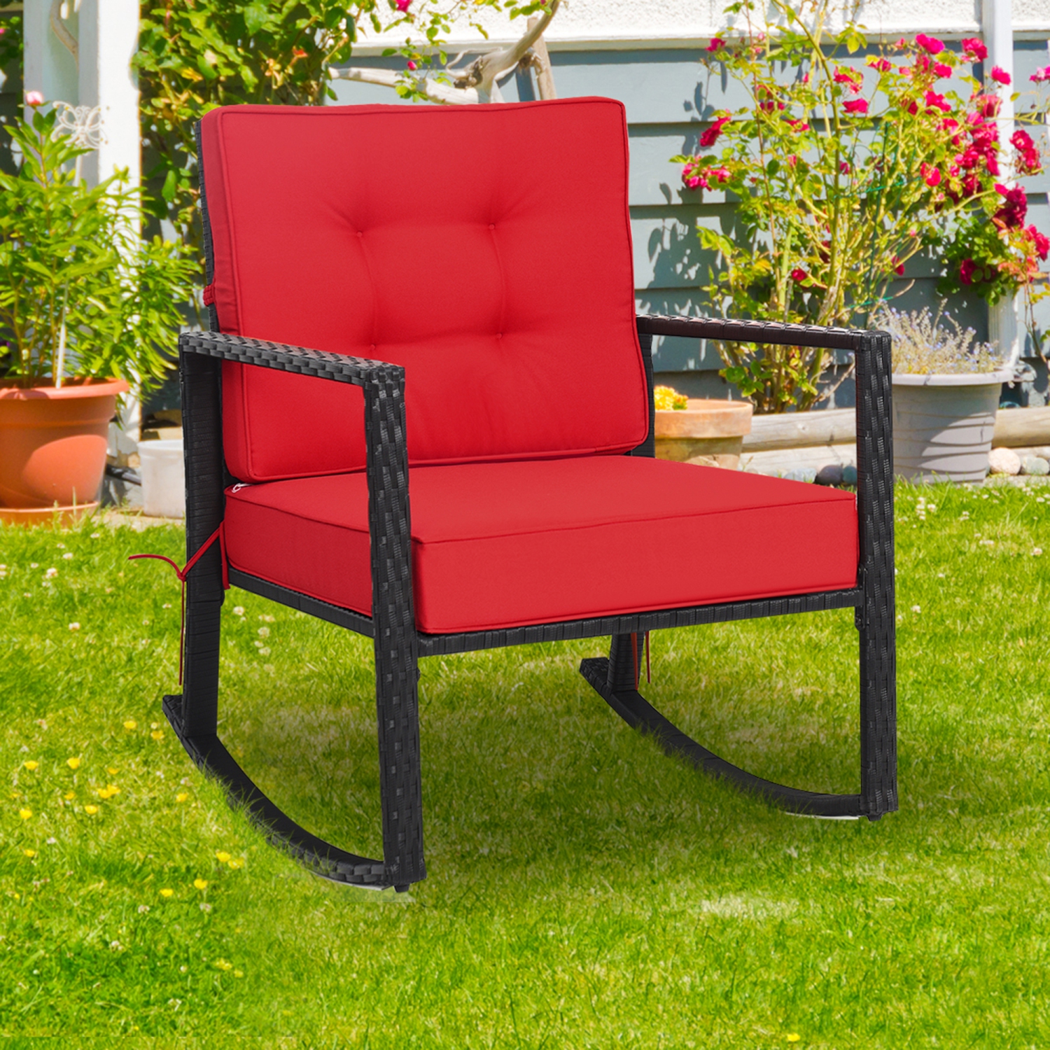 Gymax Outdoor Wicker Rocking Chair Patio Lawn Rattan Single Chair Glider w/ Red Cushion