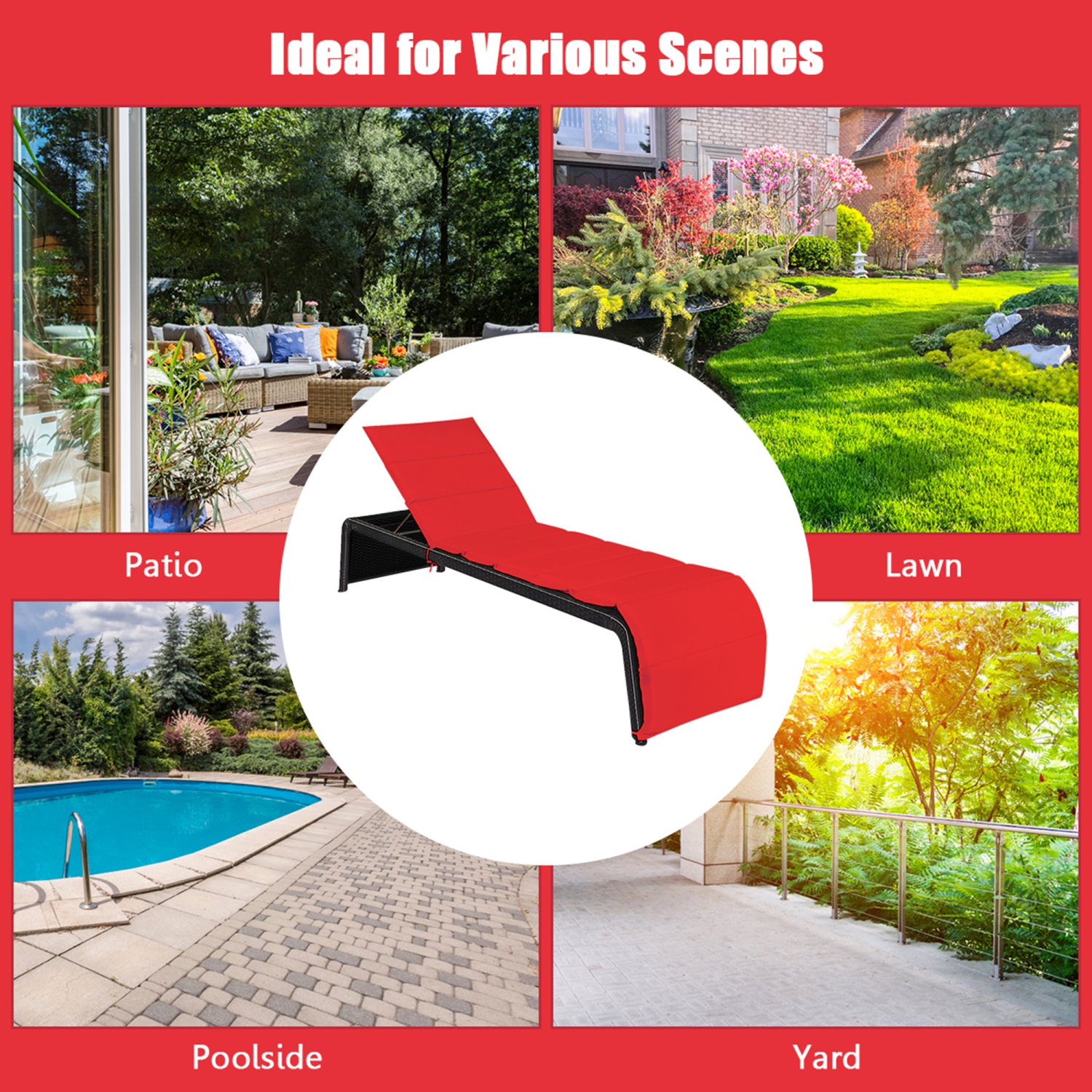 Gymax Set of 2 Adjustable Rattan Patio Recliner Chaise Lounge Chair w/ Red Cushion