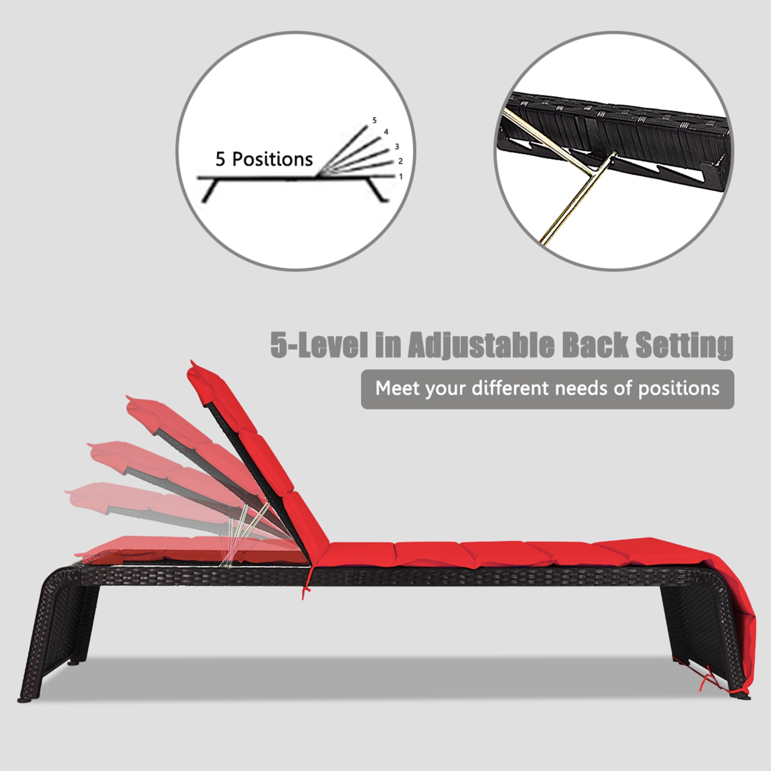 Gymax Set of 2 Adjustable Rattan Patio Recliner Chaise Lounge Chair w/ Red Cushion