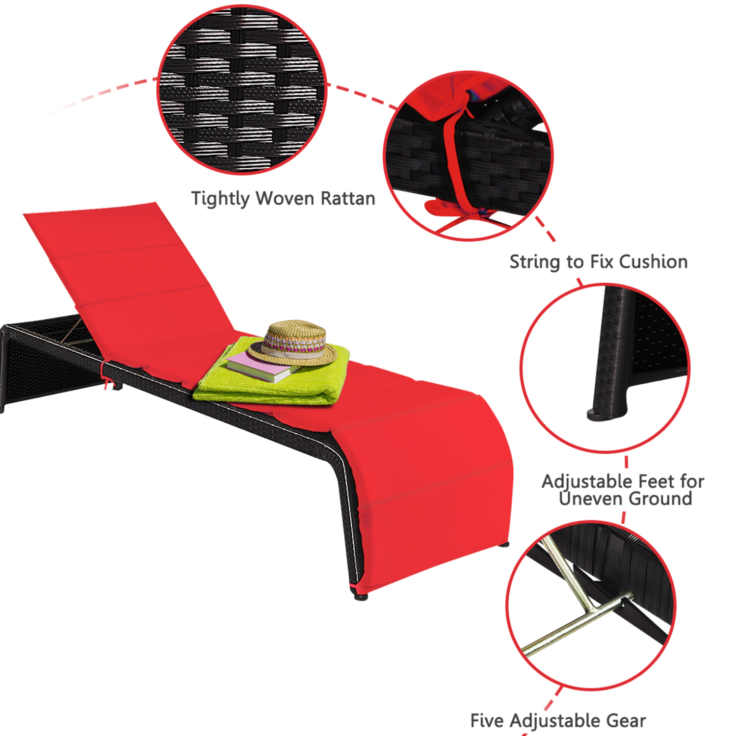 Gymax Set of 2 Adjustable Rattan Patio Recliner Chaise Lounge Chair w/ Red Cushion