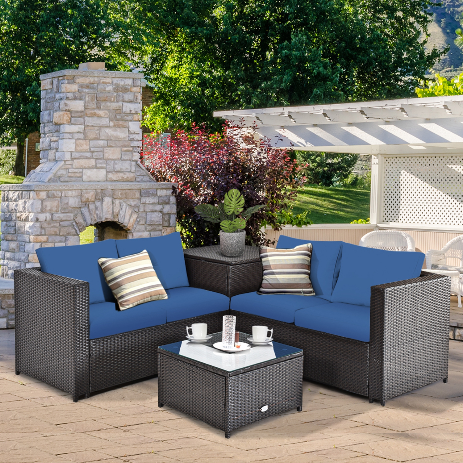 Gymax 4PCS Cushioned Rattan Patio Conversation Set w/ Side Table Navy Cushion