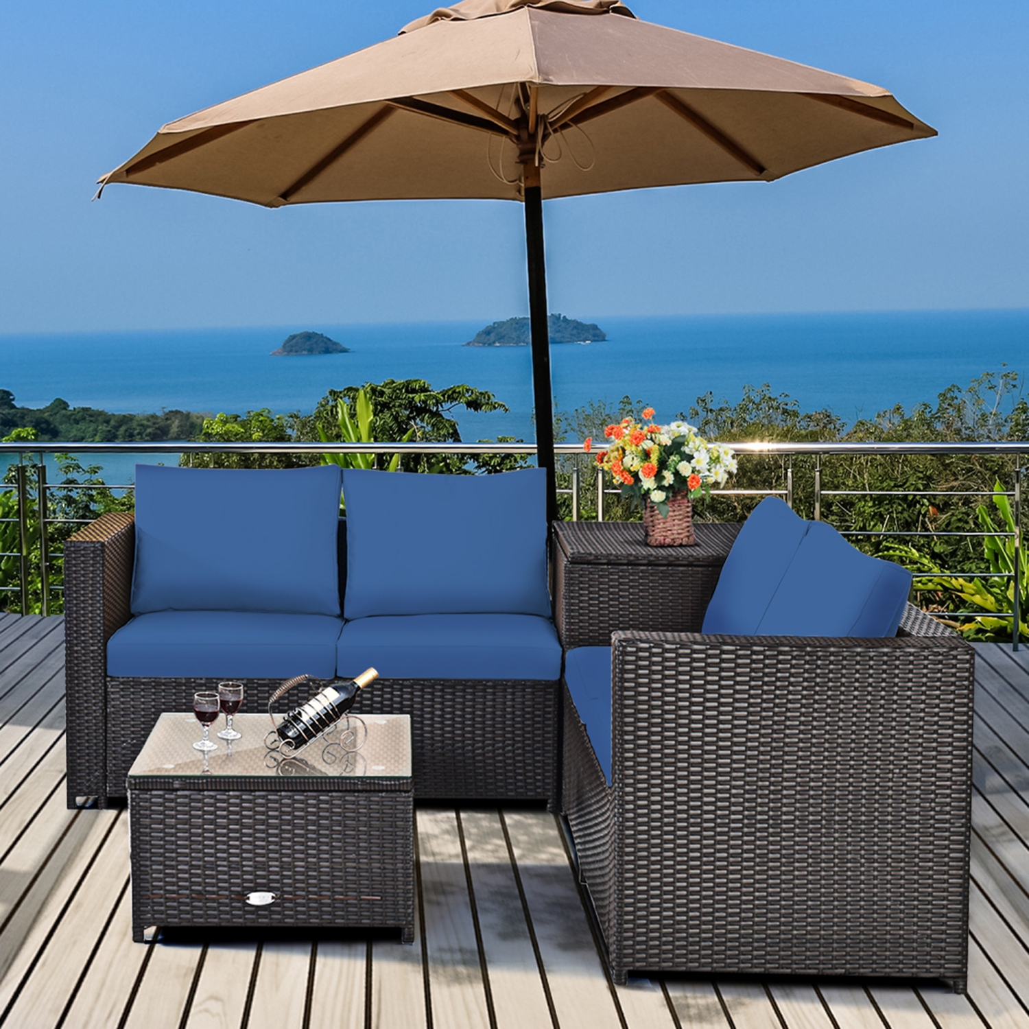 Gymax 4PCS Cushioned Rattan Patio Conversation Set w/ Side Table Navy Cushion