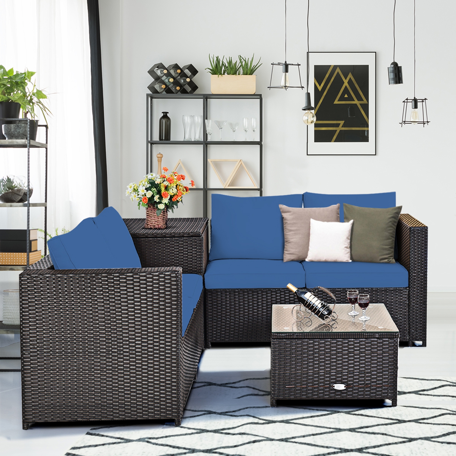 Gymax 4PCS Cushioned Rattan Patio Conversation Set w/ Side Table Navy Cushion