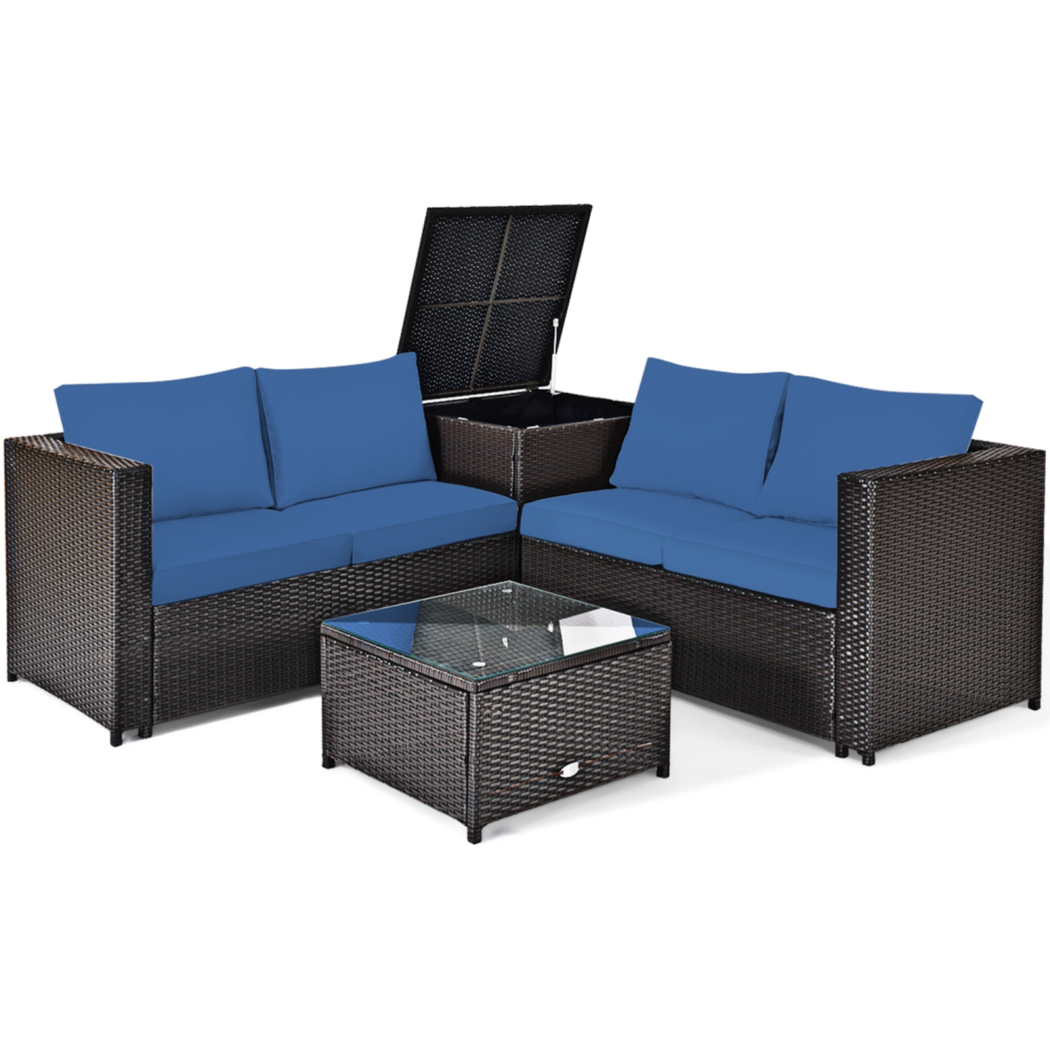 Gymax 4PCS Cushioned Rattan Patio Conversation Set w/ Side Table Navy Cushion