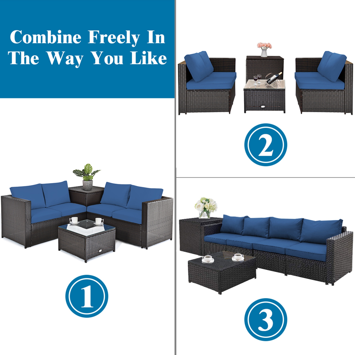 Gymax 4PCS Cushioned Rattan Patio Conversation Set w/ Side Table Navy Cushion