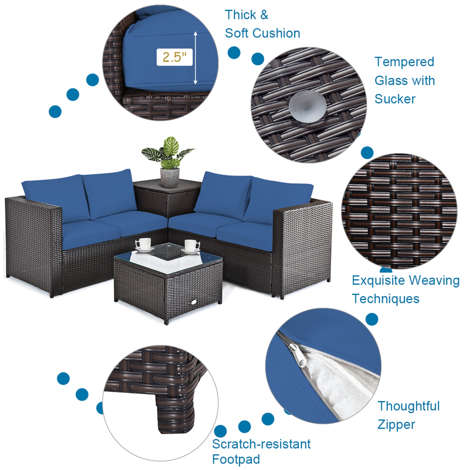Gymax 4PCS Cushioned Rattan Patio Conversation Set w/ Side Table Navy Cushion