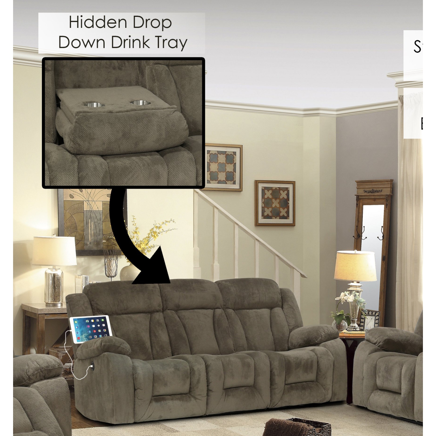 Canapé inclinable électrique avec plateau rabattable et ports USB d’Infinite Imports