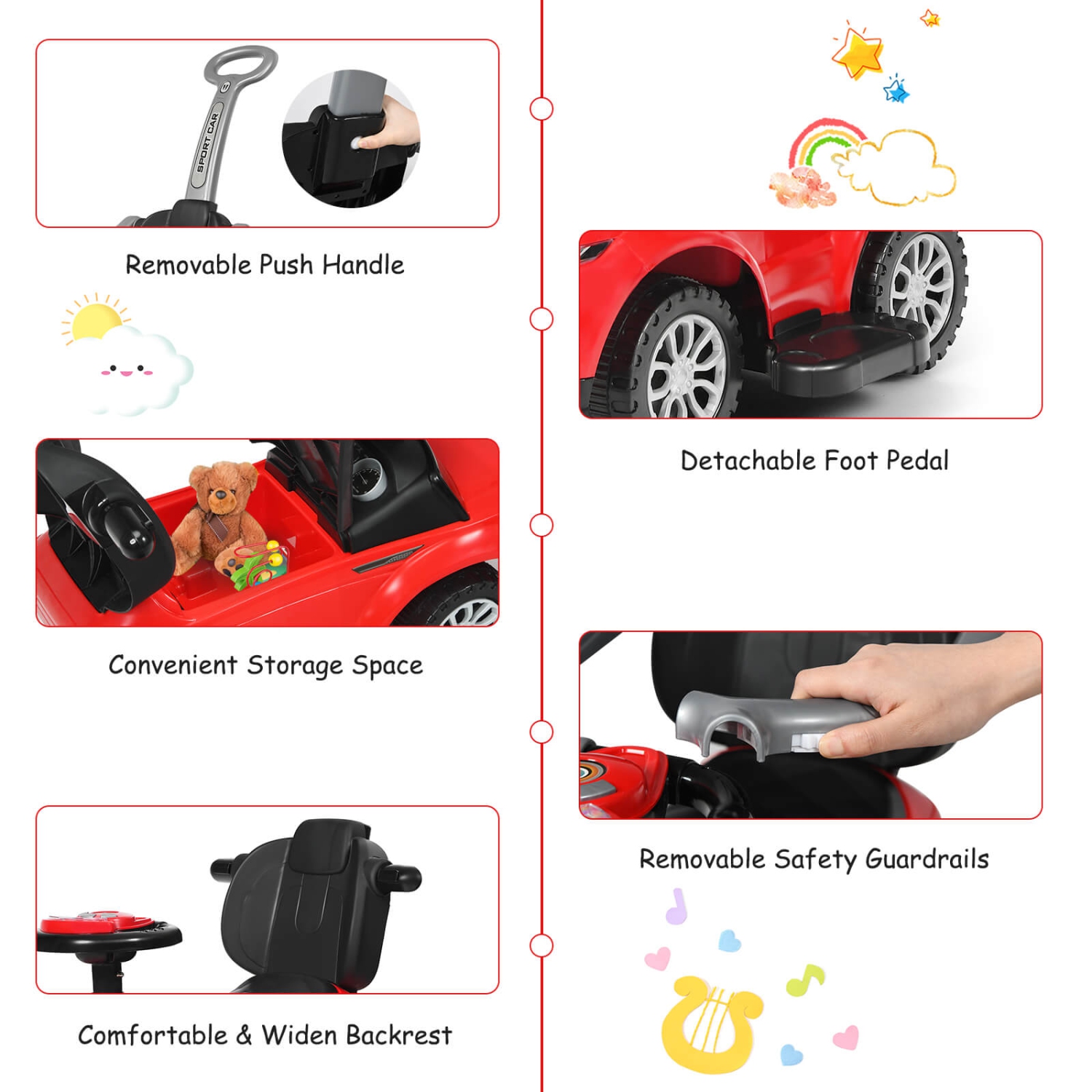 Voiture à pousser 3 en 1 Costway, trotteur pour tout-petit, poussette voiture, avec musique, blanc