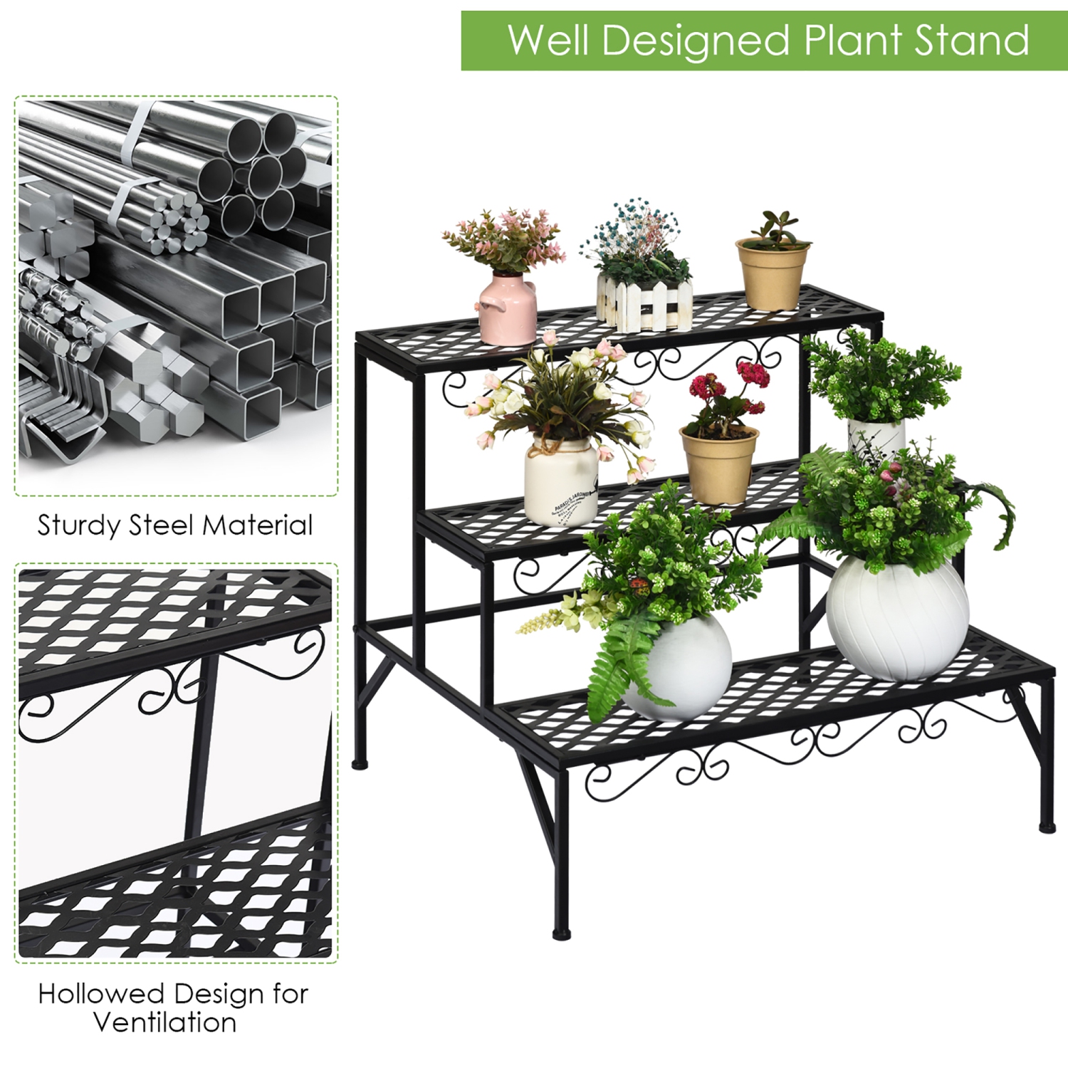 Costway 3 Tiers Metal Plant Stand Ladder Flower Pot Rack Decorative Planter Holder