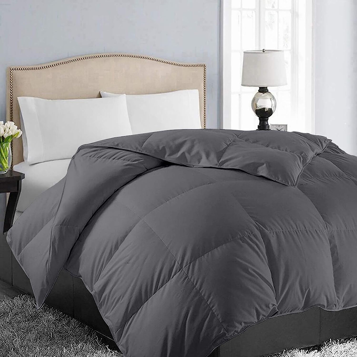 Canadian – Couvre-lit en microfibre de lin, 90 x 90&nbsp;po, cousu en carré, bourre de douillette en duvet synthétique, hypoallergénique, gris, grand