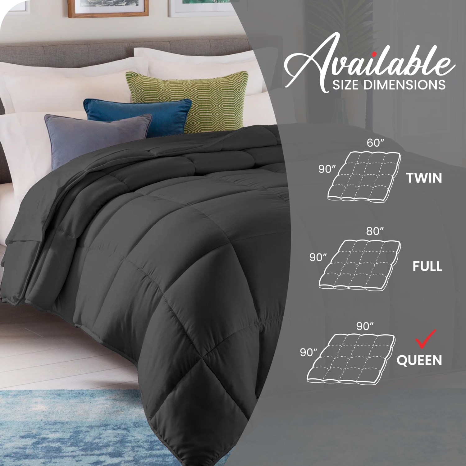 Canadian – Couvre-lit en microfibre de lin, 90 x 90&nbsp;po, cousu en carré, bourre de douillette en duvet synthétique, hypoallergénique, gris, grand