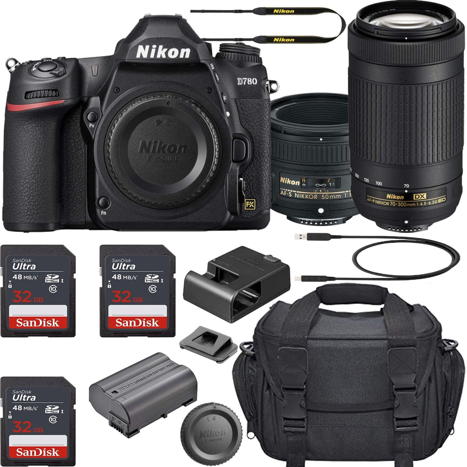 Nikon D780 DSLR Camera with AF-S NIKKOR 50mm f/1.8G Lens & 70-300mm ED Lens | 3 Memory Card Bundle