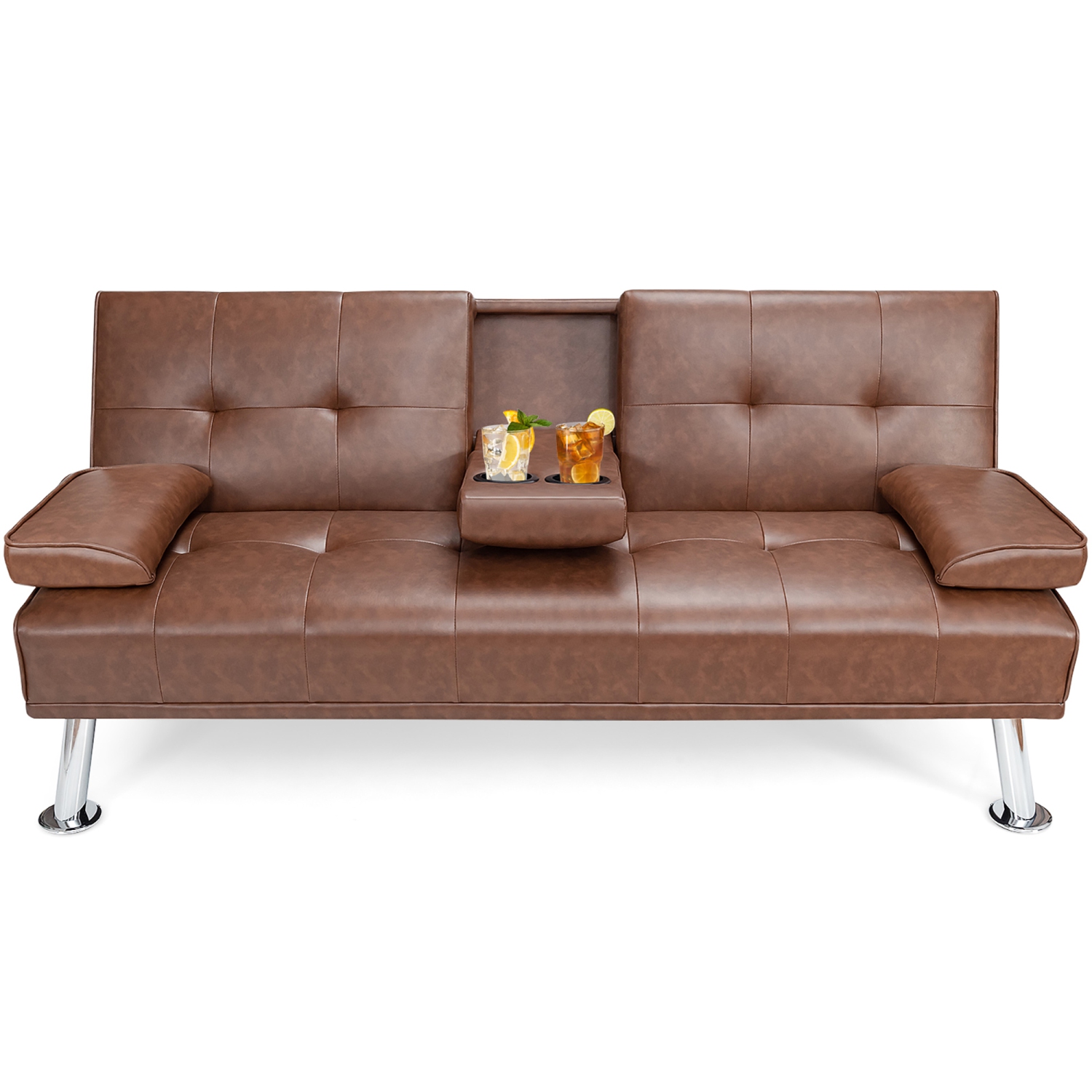 Costway Convertible Folding Futon Sofa Bed Leather w/Cup Holders&Armrests