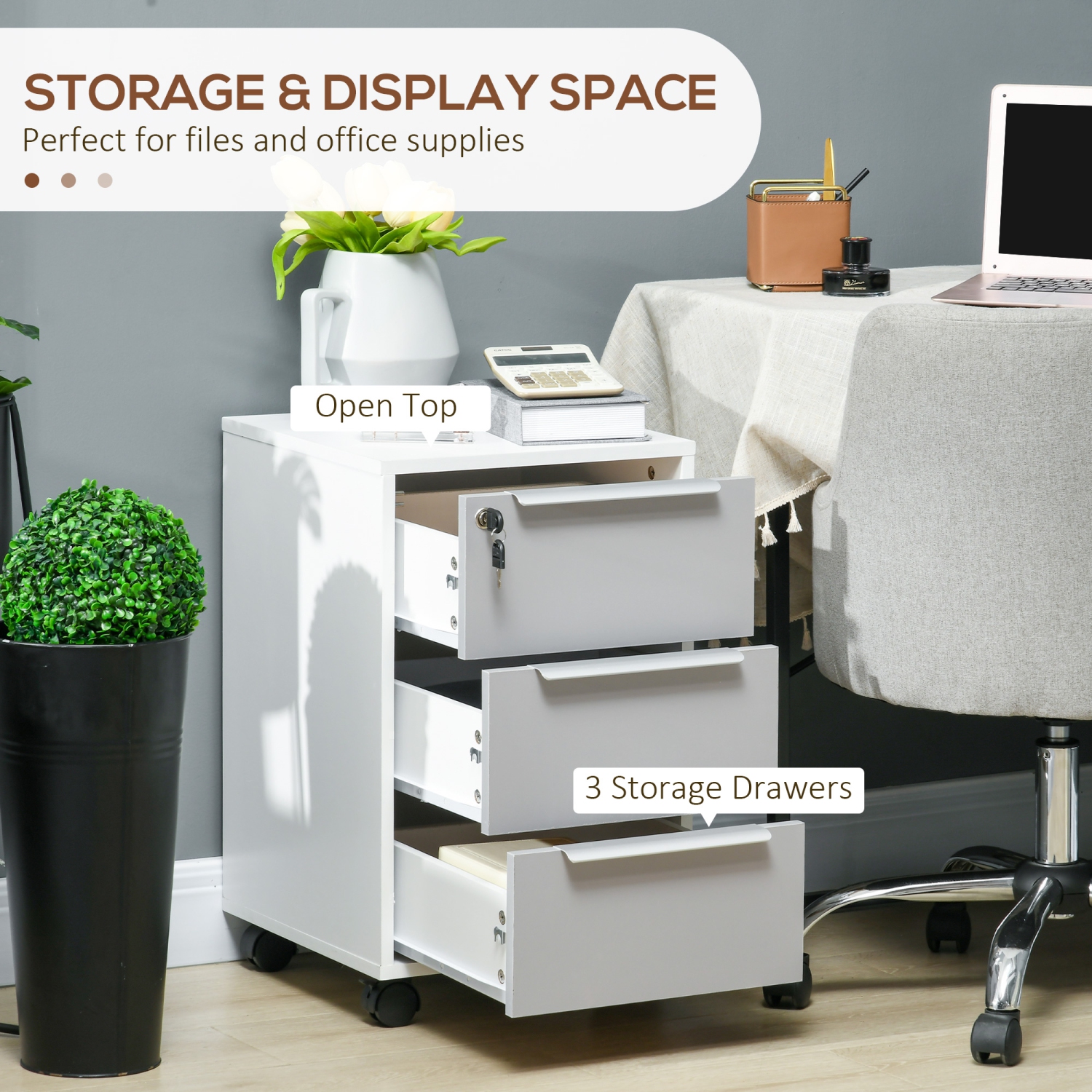Classeur vertical avec verrou de HOMCOM, classeur à 3 tiroirs à roulettes, organisateur de bureau à domicile, blanc et gris
