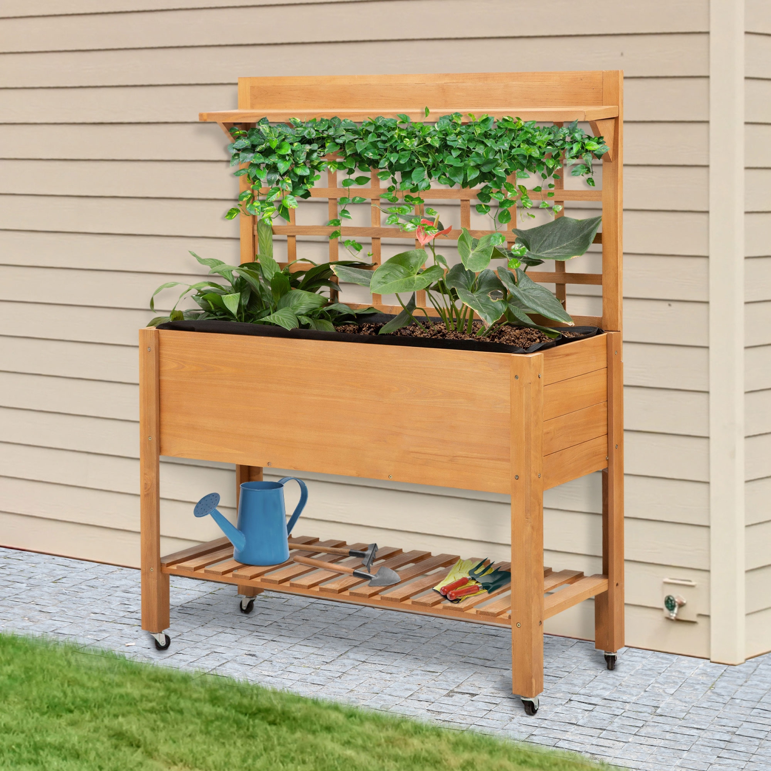 Outsunny Wooden Raised Garden Bed with Wheels and Brakes, Elevated Planter Box with Trellis and Shelves, for Growing Flowers, Vegetables, Herbs in