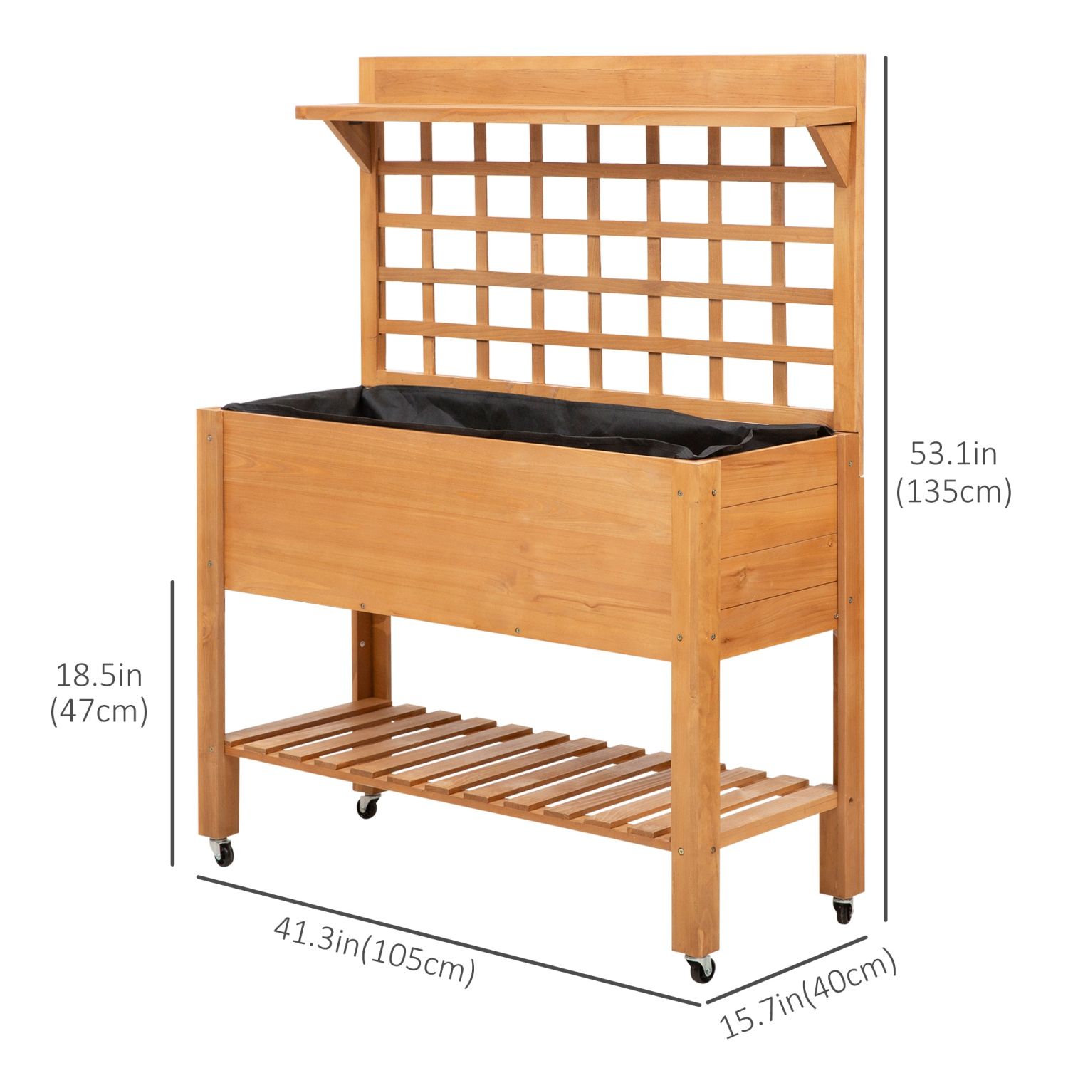 Outsunny Wooden Raised Garden Bed with Wheels and Brakes, Elevated Planter Box with Trellis and Shelves, for Growing Flowers, Vegetables, Herbs in