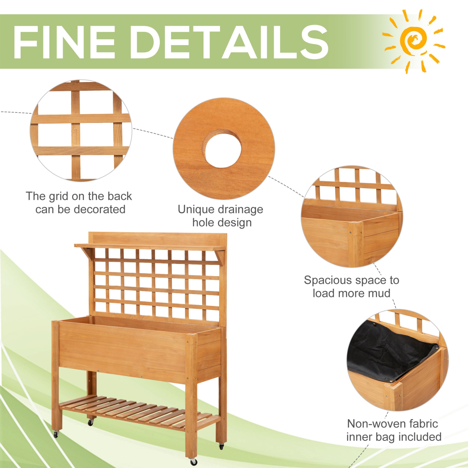 Outsunny Wooden Raised Garden Bed with Wheels and Brakes, Elevated Planter Box with Trellis and Shelves, for Growing Flowers, Vegetables, Herbs in