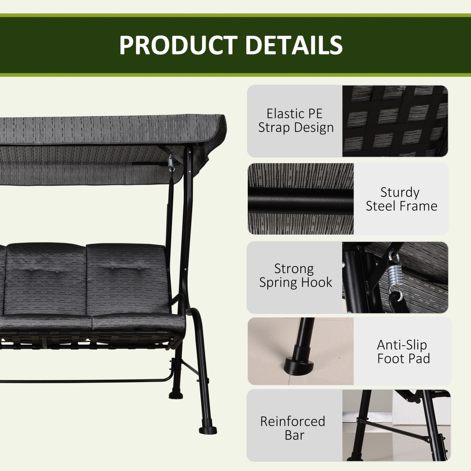 Outsunny 3-Person Porch Swing Chair, Patio Swing Bench with Adjustable Canopy, Removable Thicken Cushion and Weather Resistant Steel Frame for